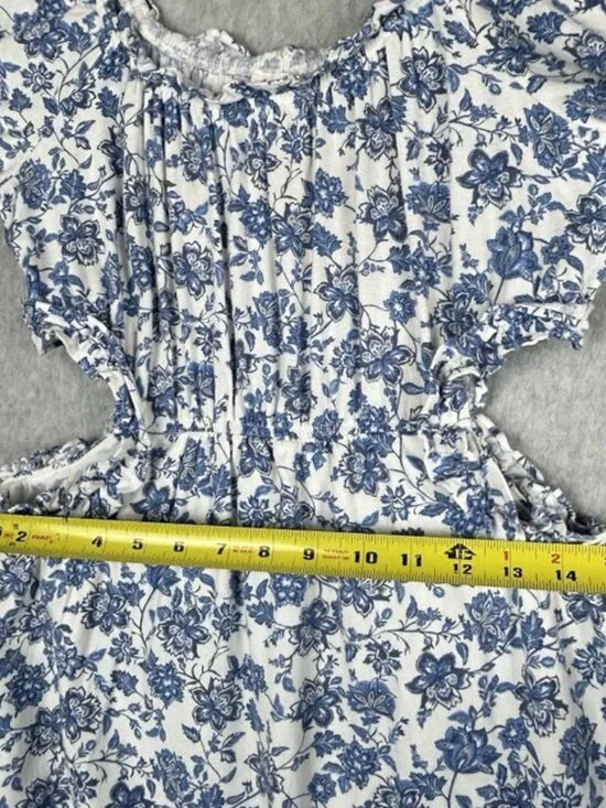 Anthropologie By The River Midi Dress Blue Floral Cutout Ruffle Tiered Cottage L - Picture 16 of 16